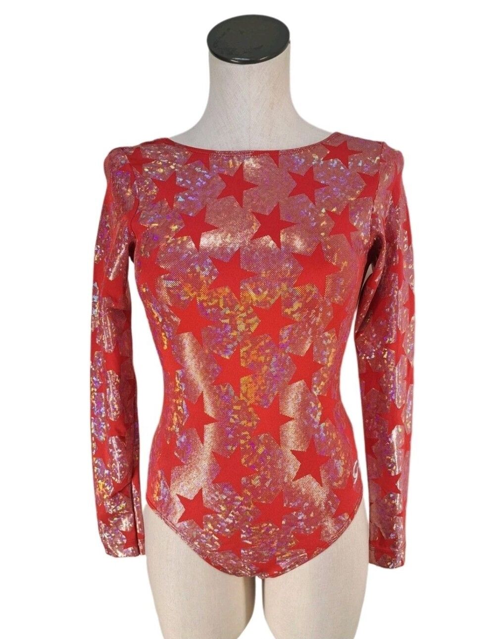 GK Elite VTG Holographic Americana Red Star Shimmering LS Logo Leotard Size AXL - Picture 3 of 16